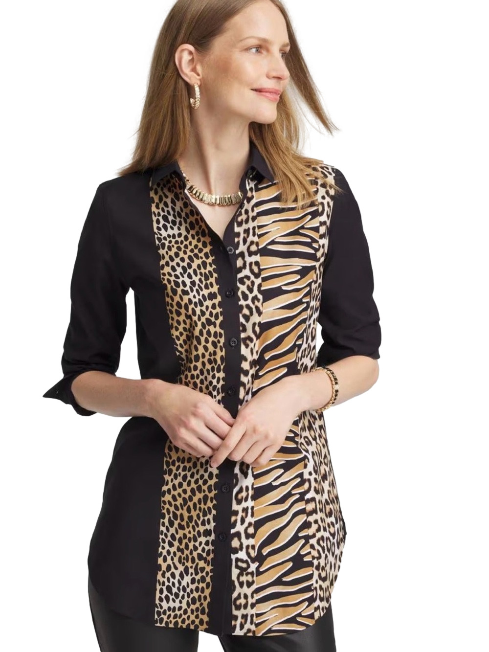 🎀Chico’s Black and Tan Animal Print Button-Up Shirt size 2.5 /US 14 GUC